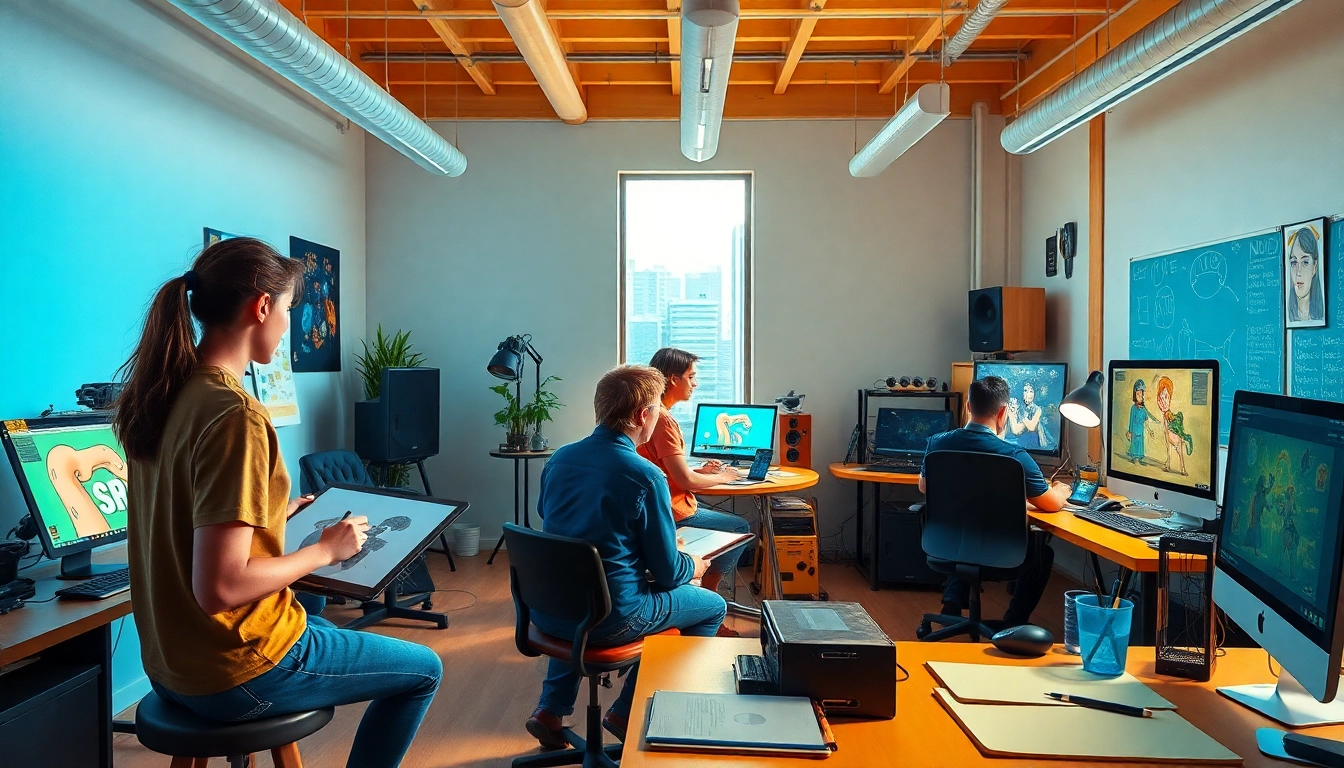 Animationagentur zeigt dynamische Kreativität in einem modernen Studio-Setting mit Künstlern.