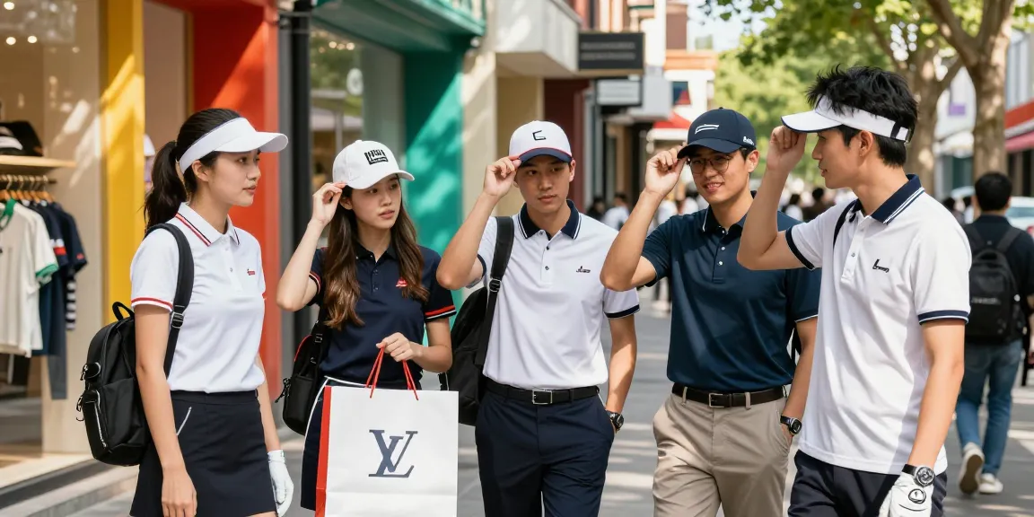 Stylish friends in urban setting showcasing 골프웨어 레플리카 while shopping.