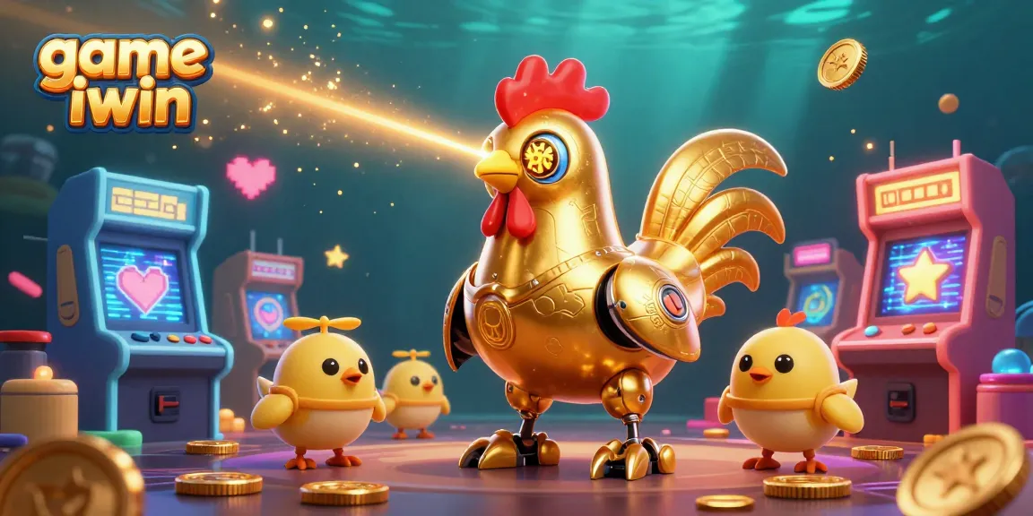 Experience the thrilling game iwin, featuring a golden rooster robot and playful drones amidst vibrant gaming elements.