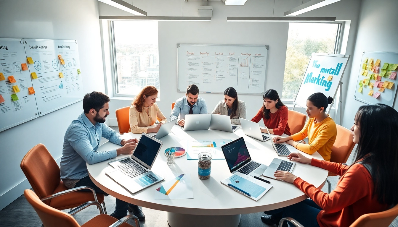 Digital marketing company team collaborating in a vibrant, modern office setting.