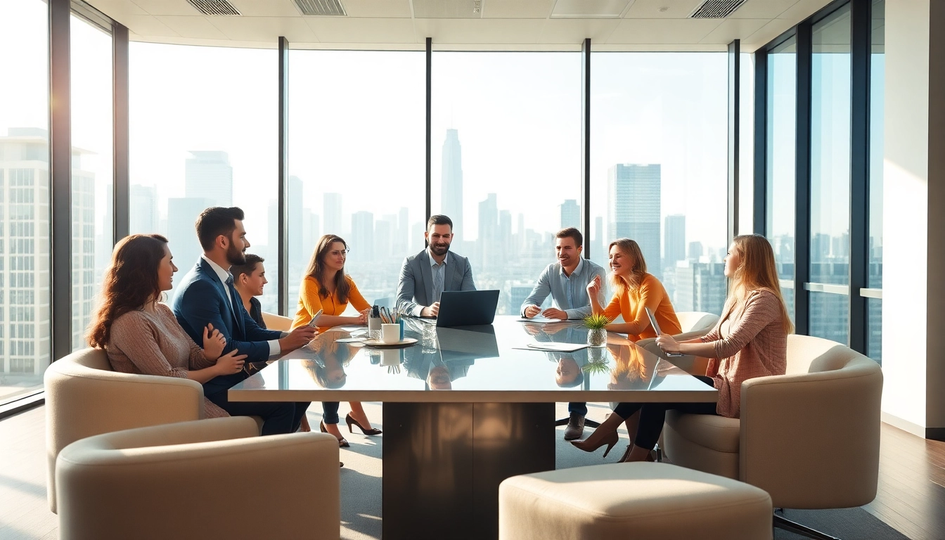 Engaging corporate relocation meeting with a diverse team, showcasing collaboration and strategy.