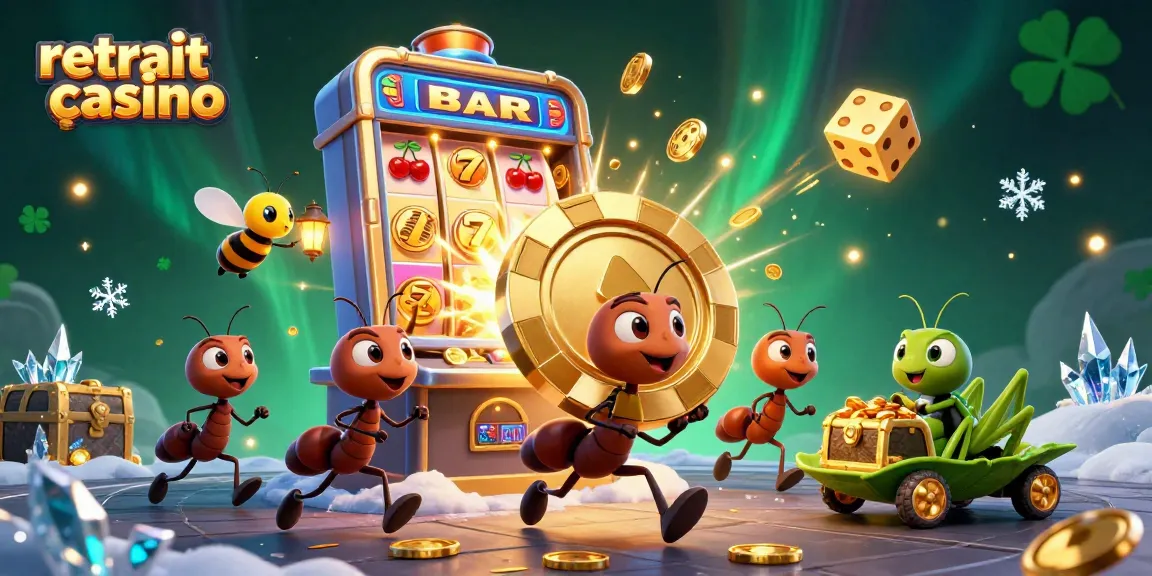 Retrait gain casino: une équipe de fourmis avec des jetons dans une scène de casino animée.