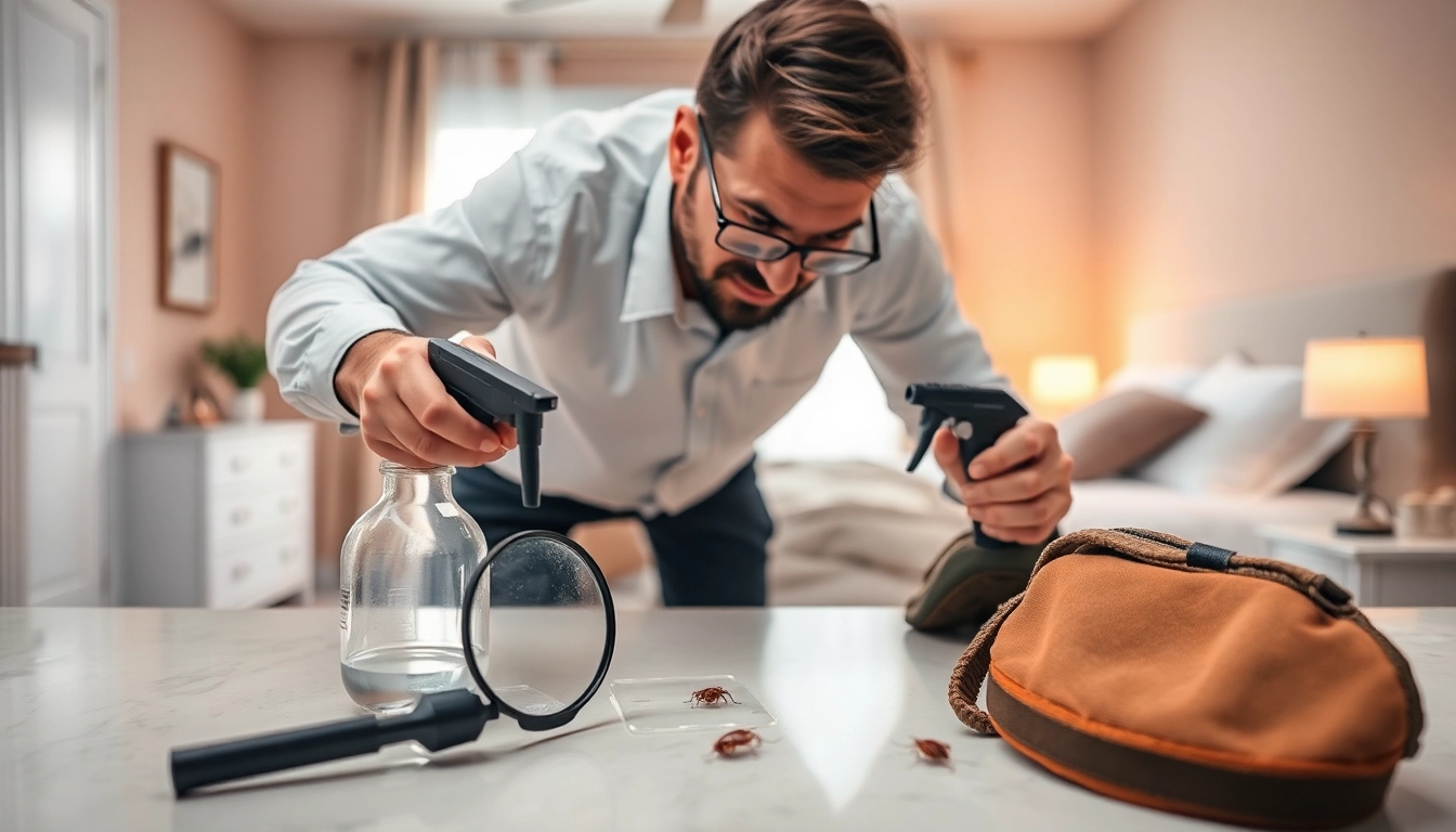 Exterminator performing bed bug pest control in a cozy bedroom setting, showcasing effective tools.