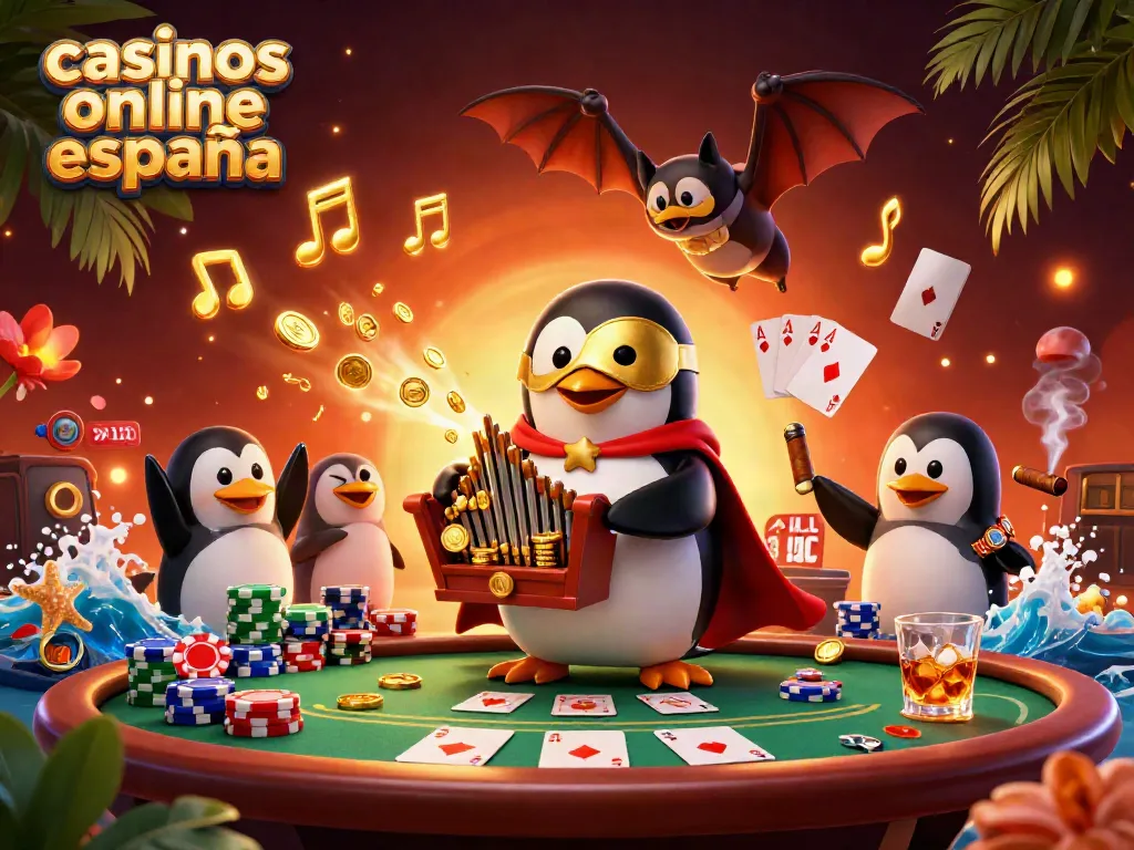 Los mejores casinos online España ofrecen experiencia de juego con un pingüino jugando al órgano y monedas doradas.