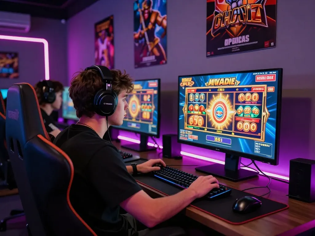 Gamer engaged with situs slot gacor gameplay on a vibrant, modern setup