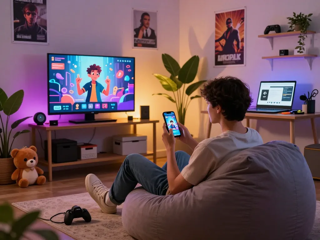 Interactive scene showcasing ai nsfw chat user engaging with vibrant AI companion on smartphone in cozy digital space.