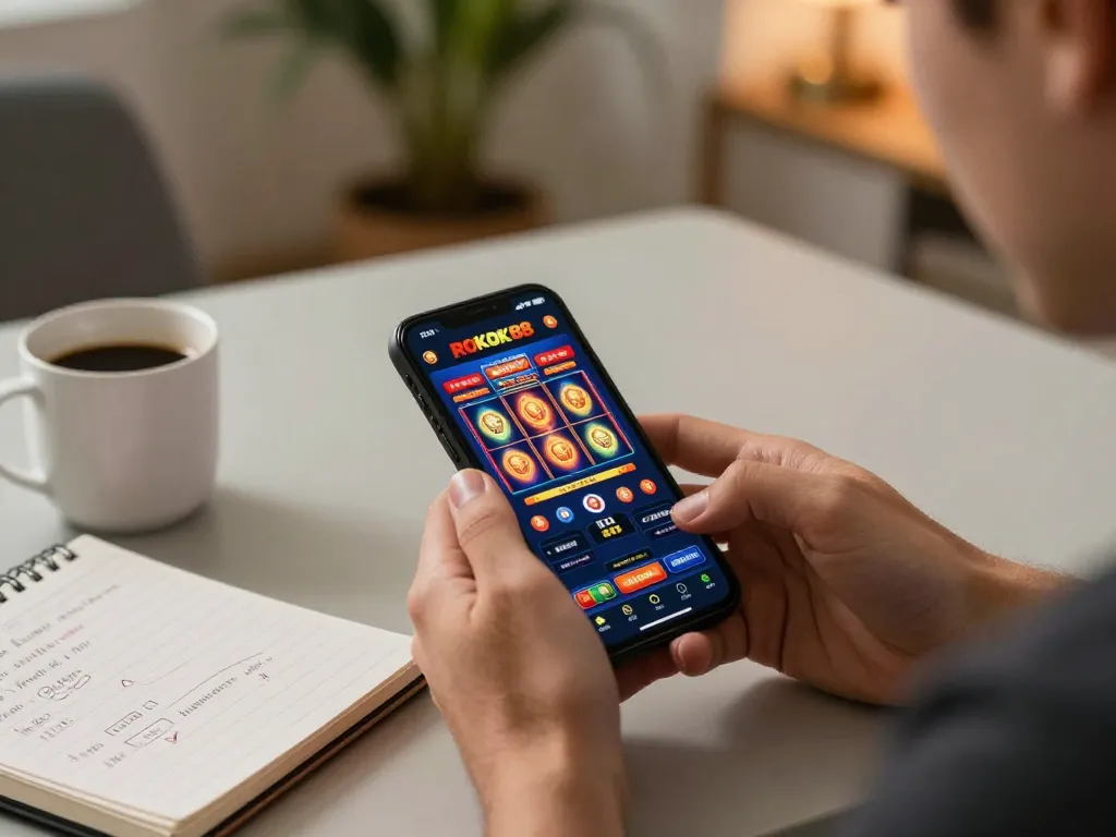 Experience the excitement of rokok88 online slots on a smartphone in a cozy gaming space.