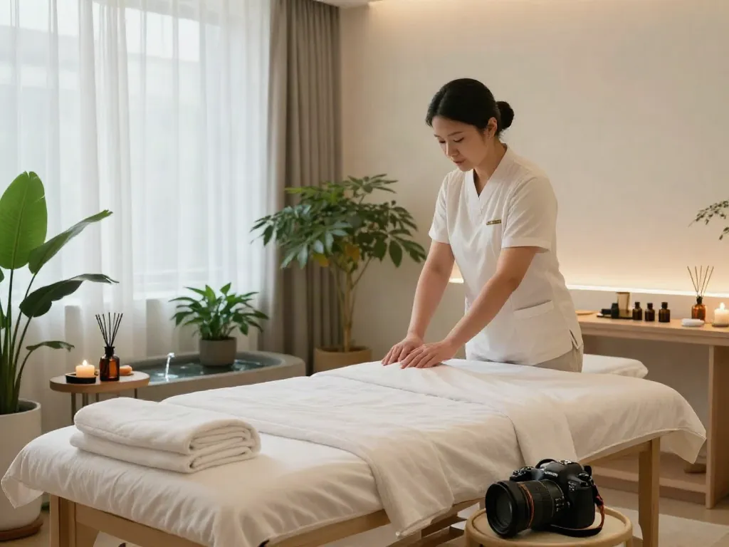 양천구출장마사지 in a calming therapy room with massage table, plants, and essential oils.