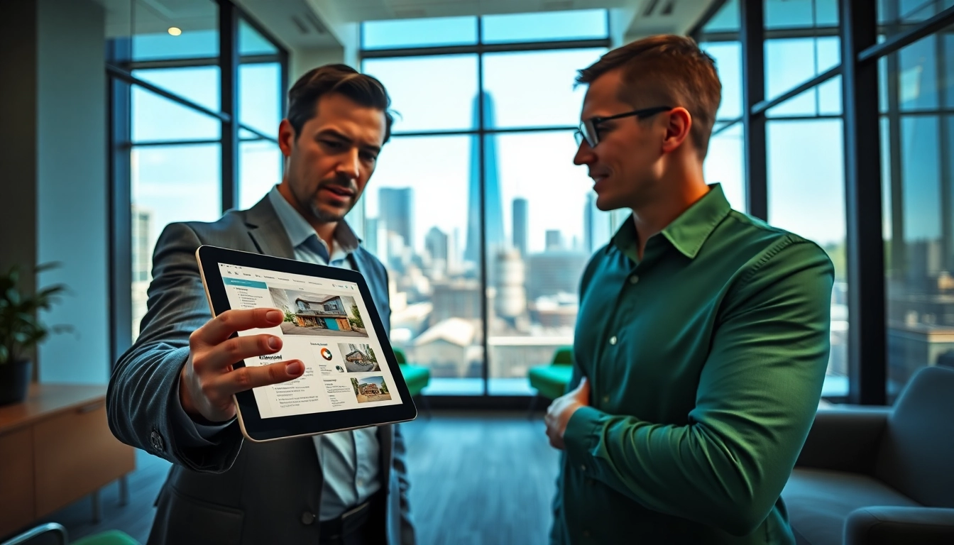 Discussing Guaranteed rent in Amersham in a vibrant office setting with a property manager and digital tablet.