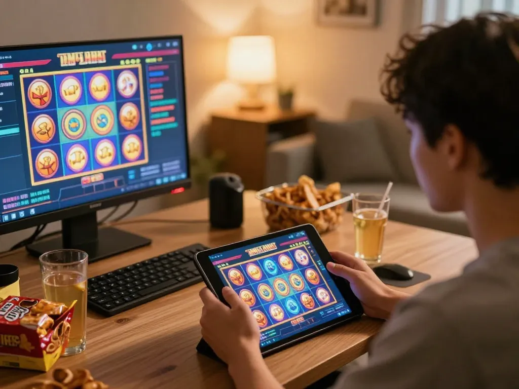 Engaging in online slot gaming with a depo 10k strategy at home, showcasing colorful screen and cozy setting