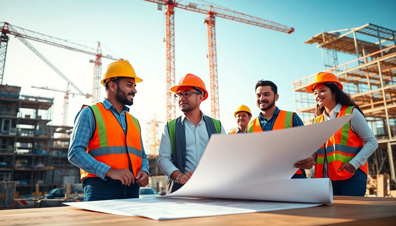 Manhattan Construction Manager discussing plans with a diverse team at a busy construction site.