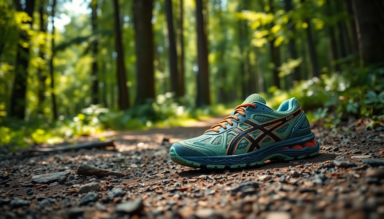 Los Asics Trabuco 12 mostrando su diseño moderno y tracción en un sendero de montaña.