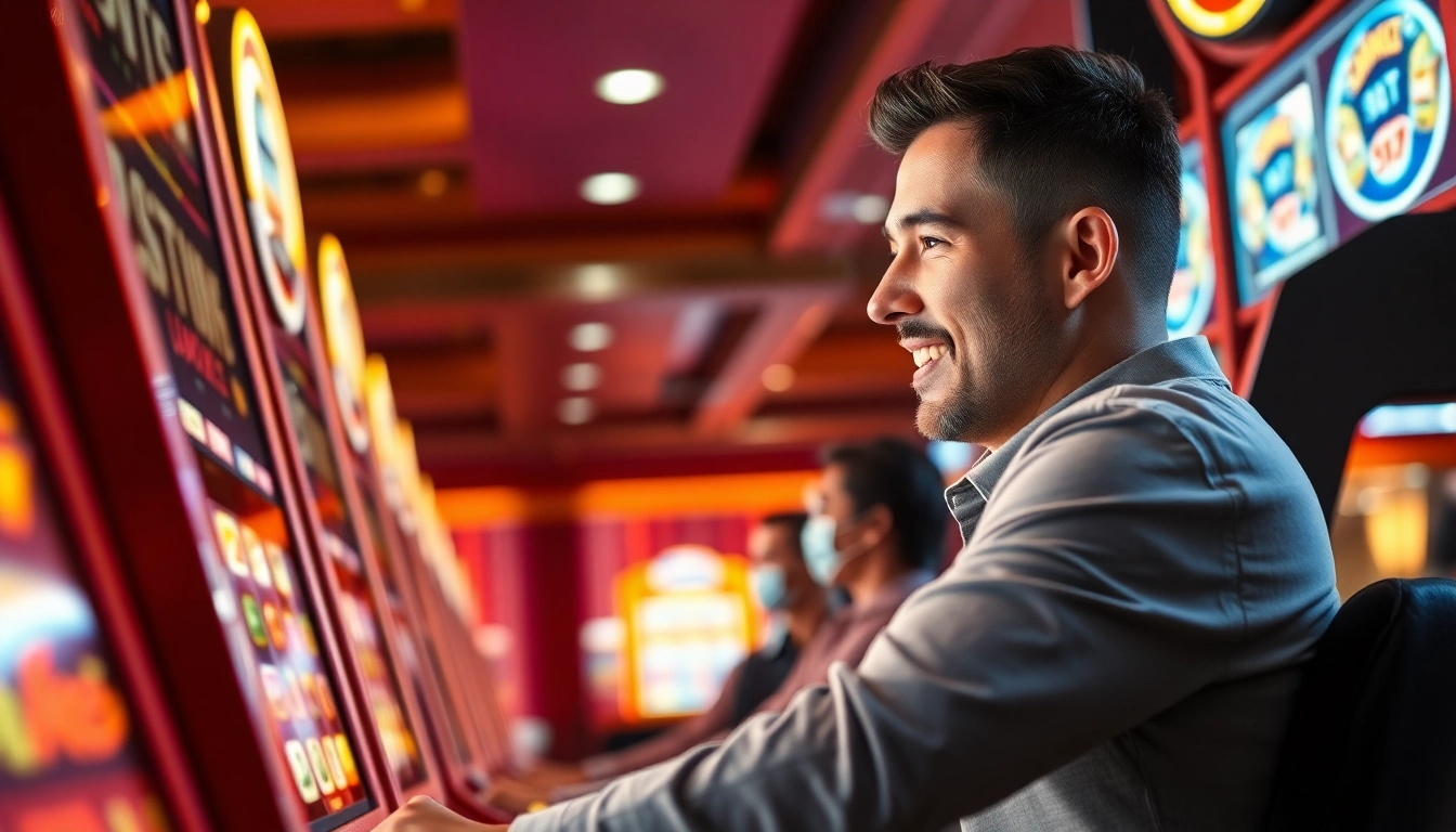 Slot depo 1k menampilkan pemain slot yang bersemangat di mesin permainan modern.