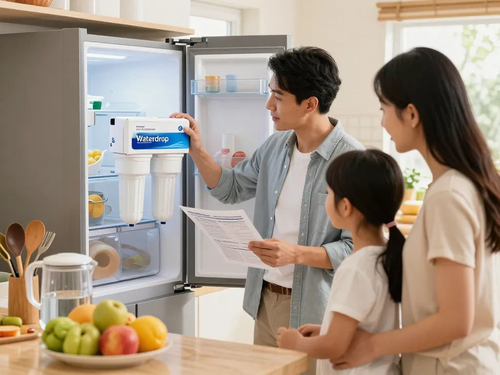 Family discussing Waterdrop DA29-00020B Refrigerator Water Filter installation in a sunny kitchen.