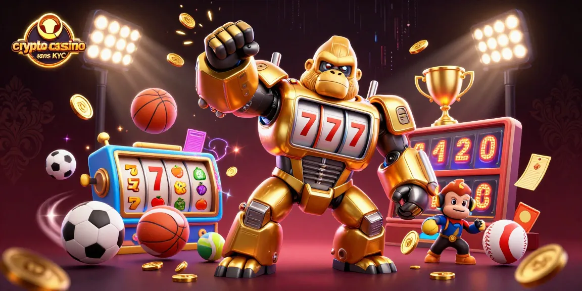 Jouez dans un crypto casino sans KYC avec une illustration d'un gorille robot en or et des symboles de jeux.