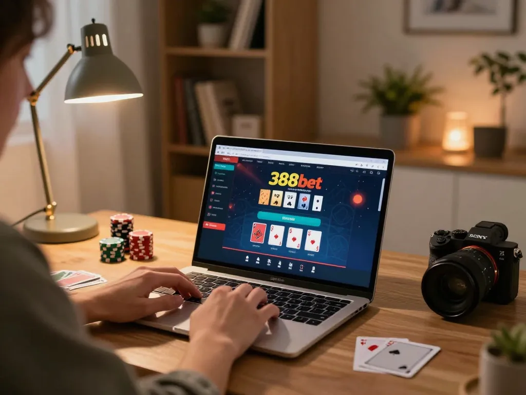 Engaging in blackjack gameplay on the 388bet platform from a cozy home setup