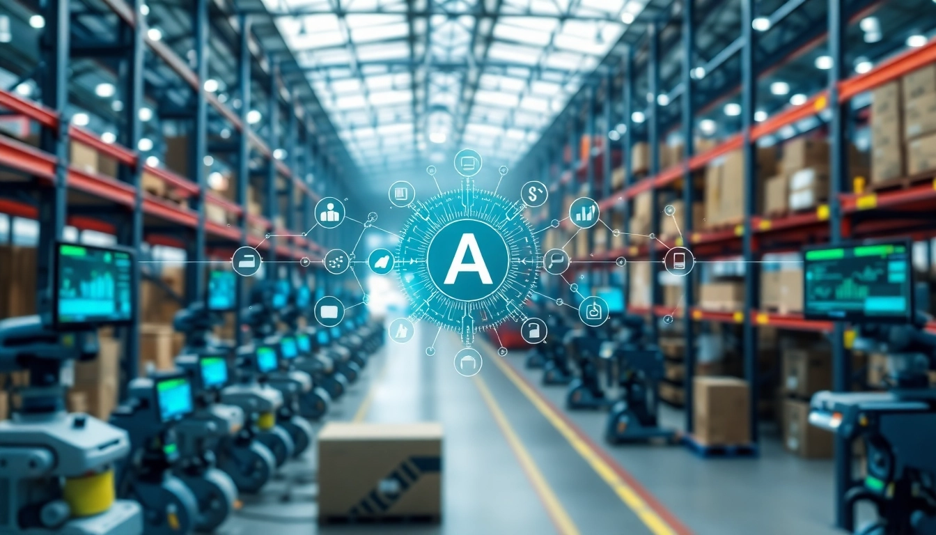 Visualize AI supply chain management with interconnected logistics in a modern warehouse environment.