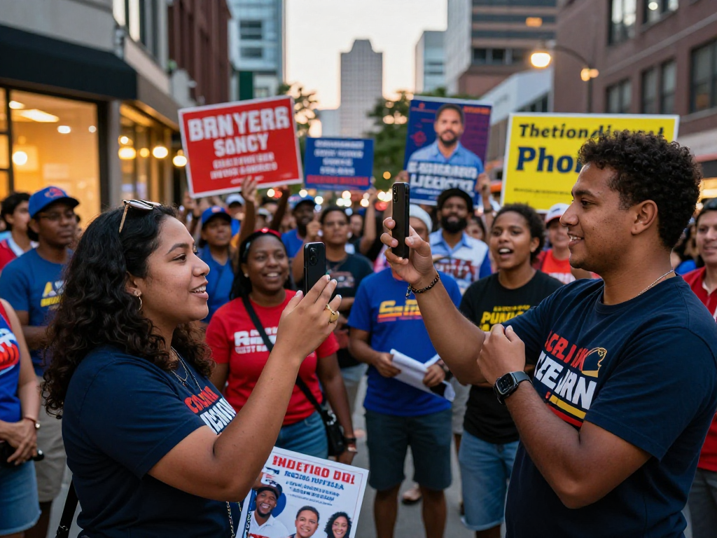 Social media influencer for political campaign engaging with supporters in vibrant urban scene.