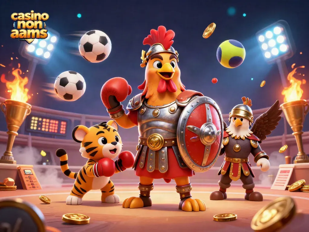 Gioca ai casino non AAMS con un gallo gladiatore e un tigrotto in un'arena, tra luci e trofei dorati.