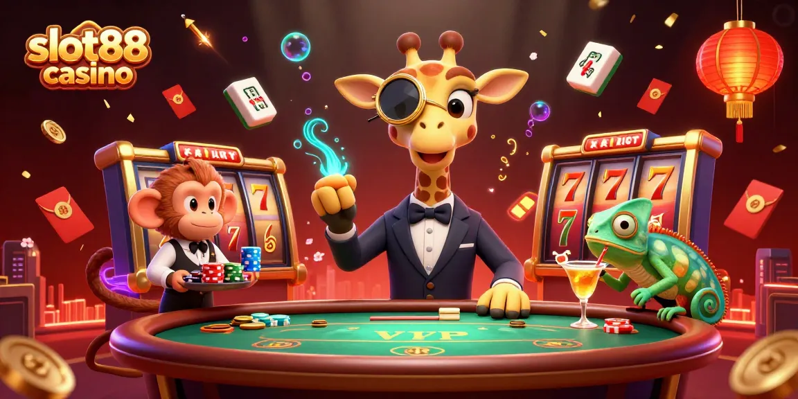 Engage with slot88 casino through this dynamic illustration featuring vibrant slot machines and lively characters.