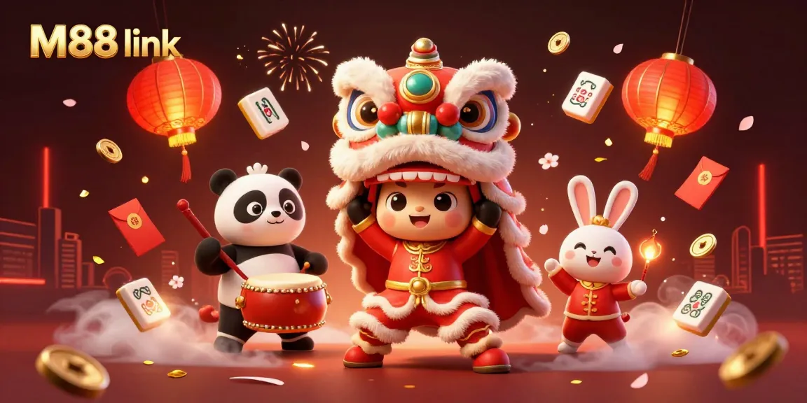 Engage with M88 link through vibrant casino-themed illustration featuring a lion dance and festive elements.