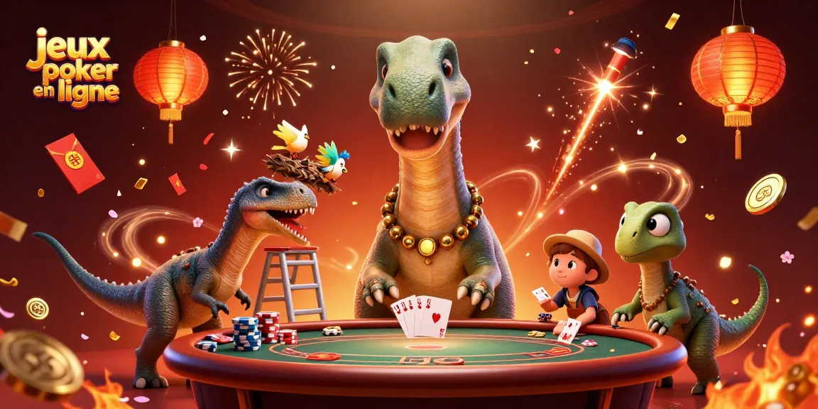 Jouez aux jeux poker en ligne avec une illustration dynamique de dinosaures et d'éléments de casino.