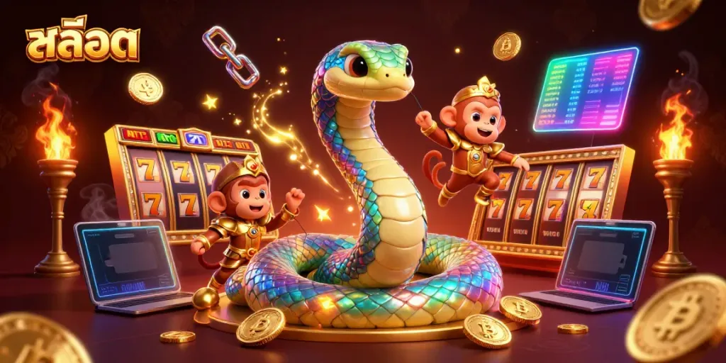 Spin the reels with สล็อต while enjoying the vibrant 3D casino illustration featuring fantastical elements.