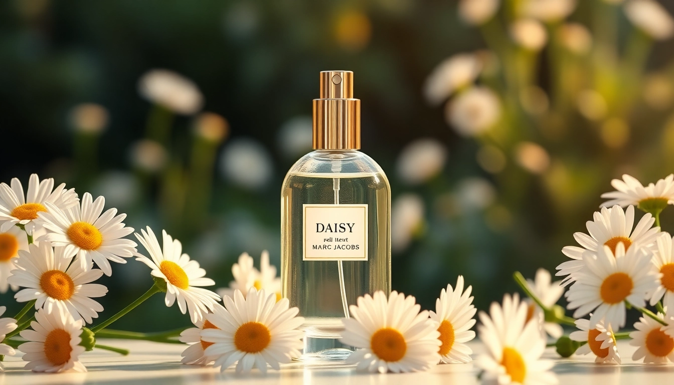 Showcase marc jacobs daisy perfume with flowers in a bright, elegant setting.