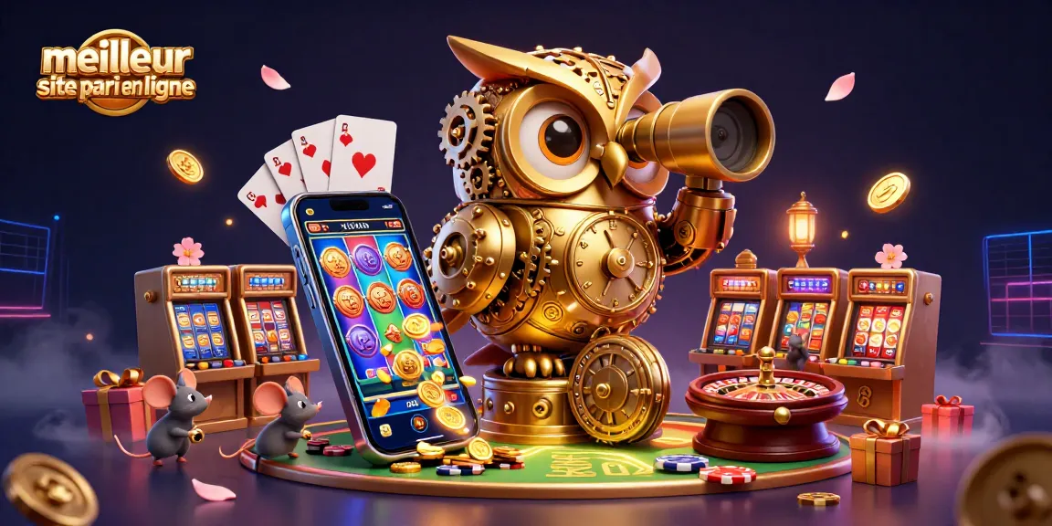 Visualisez le meilleur site de paris en ligne avec une illustration 3D captivante d'un hibou mécanique surveillant un casino.