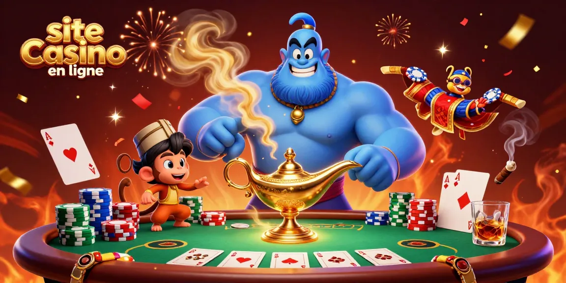 Plongez dans le monde du site casino en ligne avec un génie, un singe et des jetons de poker.