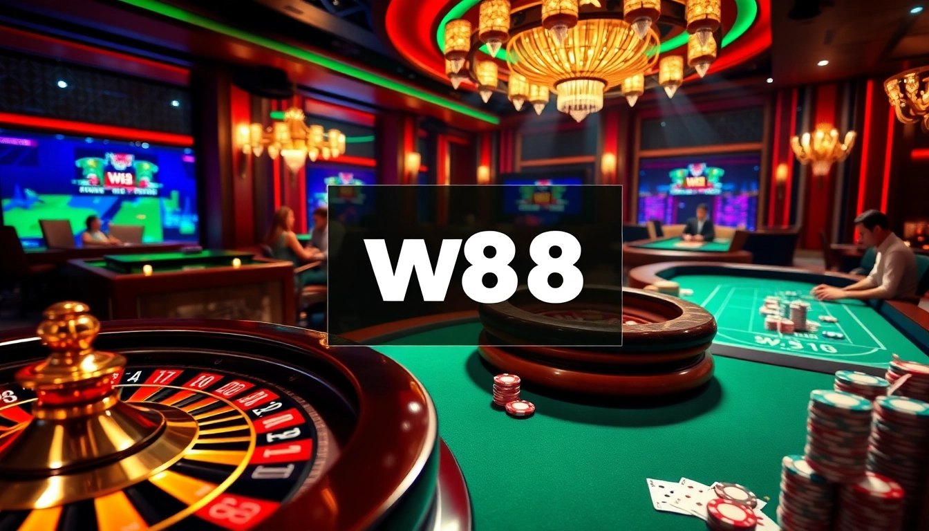 Experience the excitement of W88 in a vibrant online casino atmosphere with roulette and poker.