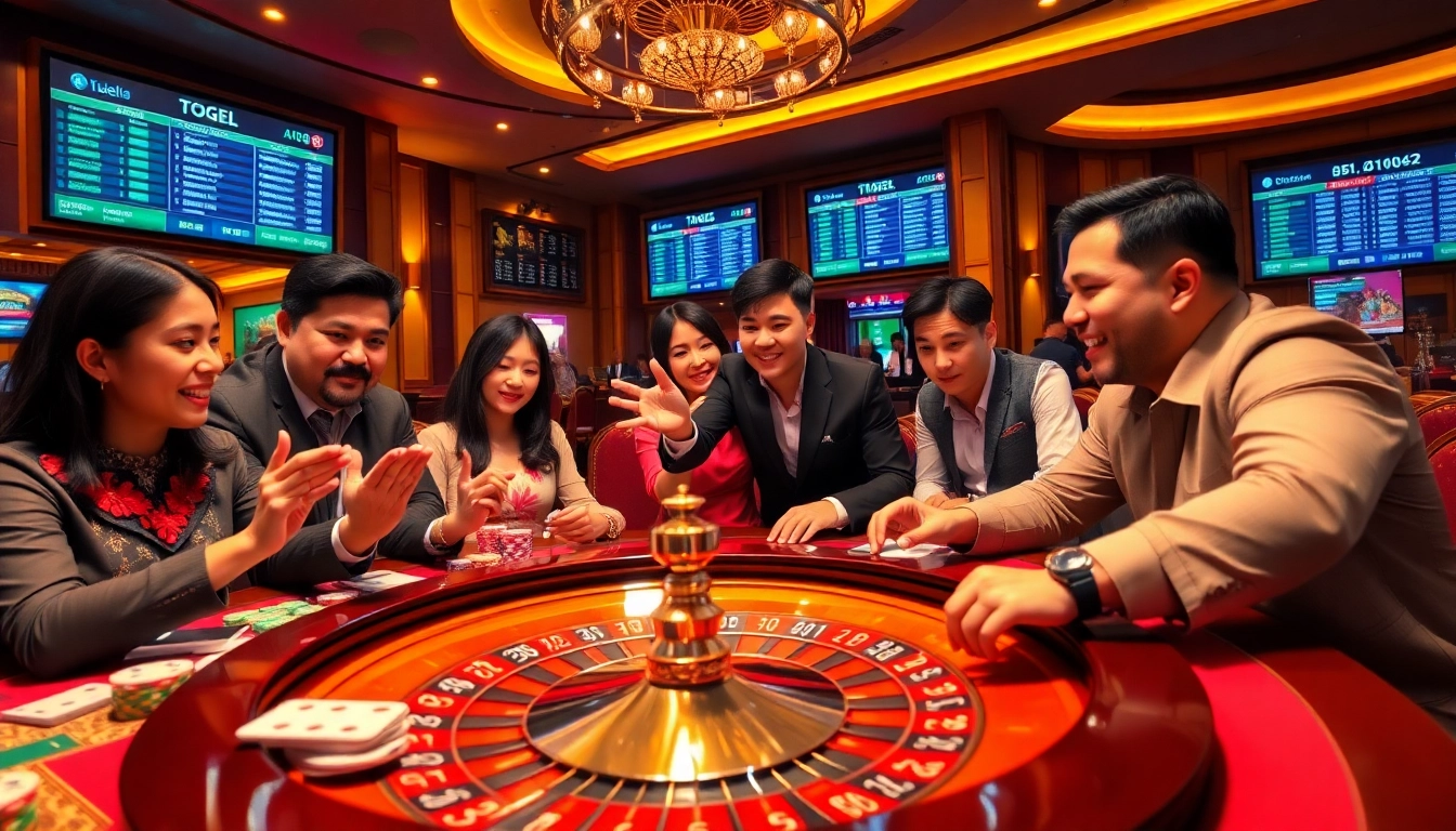 Adegan seru para pemain yang terlibat dalam sumo togel di meja kasino mewah dengan warna-warna yang cerah.