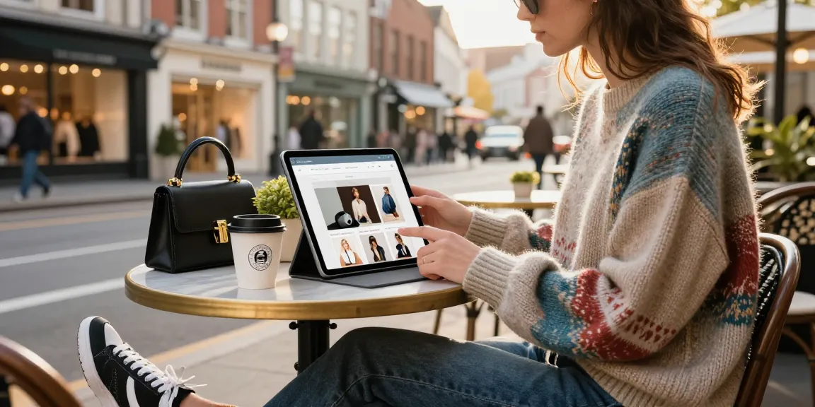Engaging scene of a stylish individual exploring a 레플리카 쇼핑몰 on a tablet at a chic café, reflecting modern e-commerce.