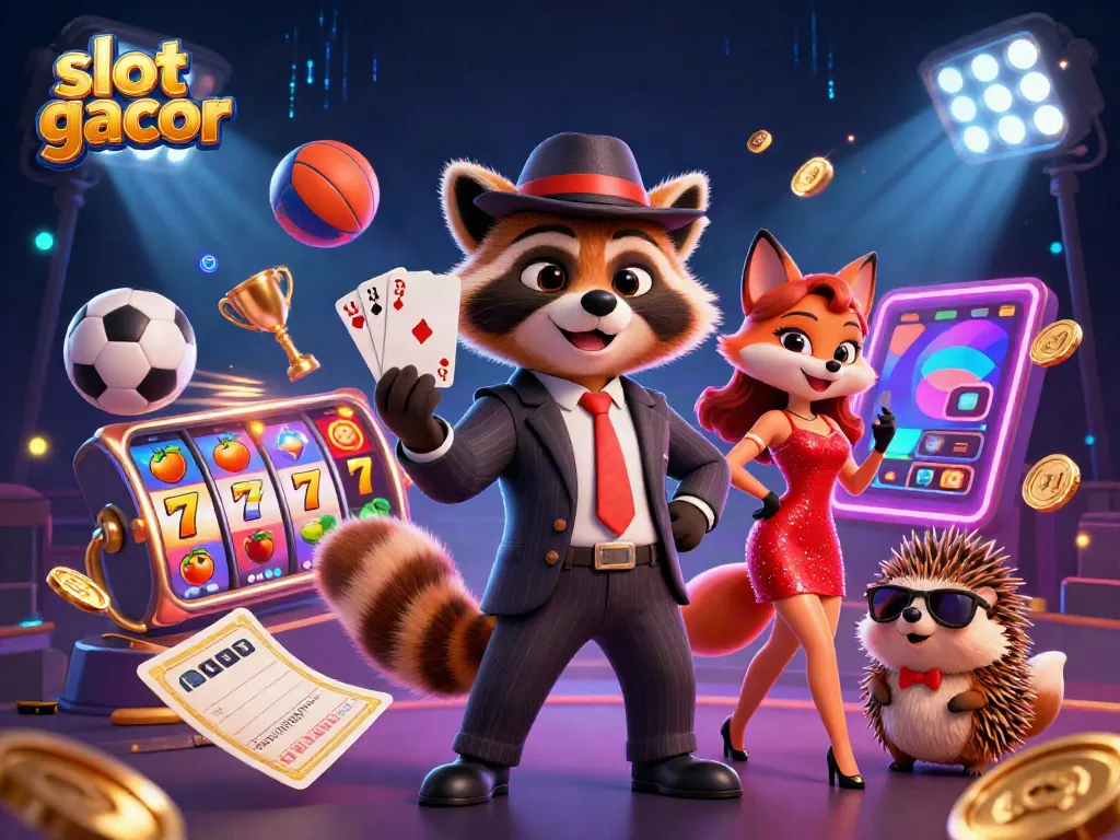 Experience the thrill of slot gacor with this vibrant 3D casino scene featuring animated characters and dynamic game elements.