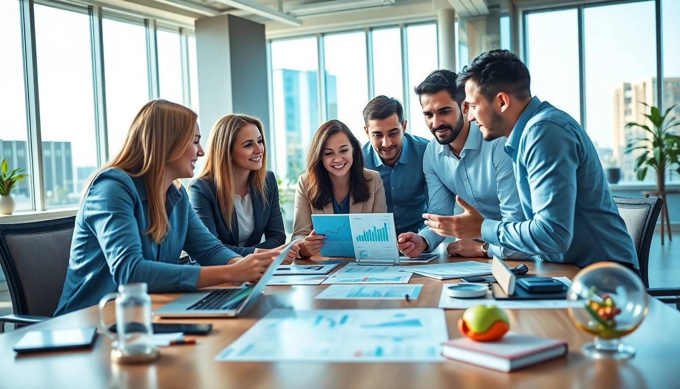 Engaged team discussing online marketing edmonton strategies in a modern office setting.