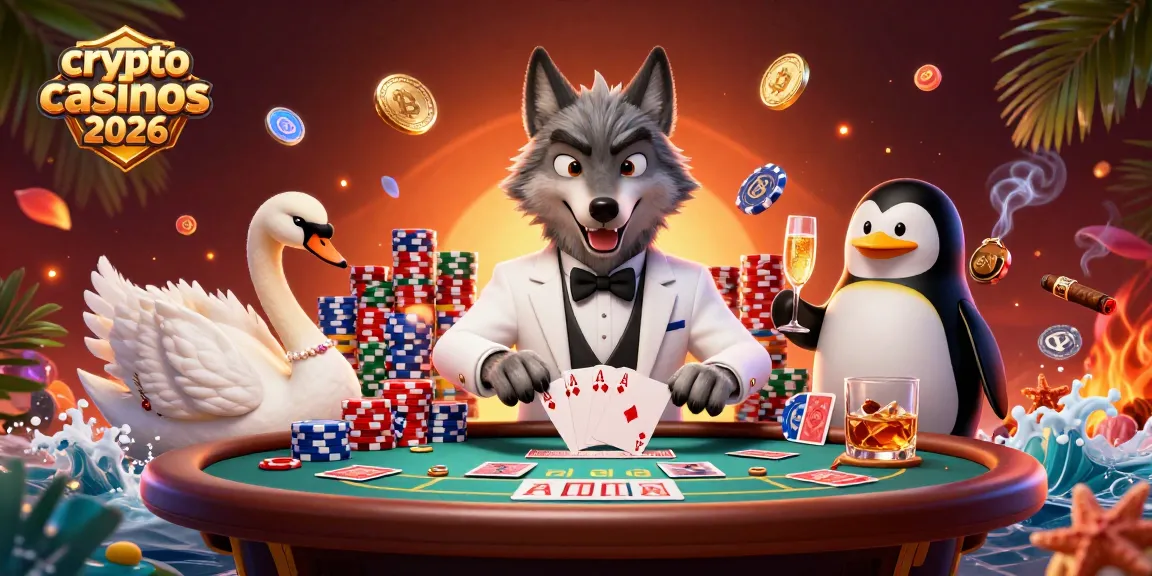 Illustration dynamique des crypto casinos 2026, représentant un loup aux cartes, un cygne distribuant, et un pingouin servant du champagne.