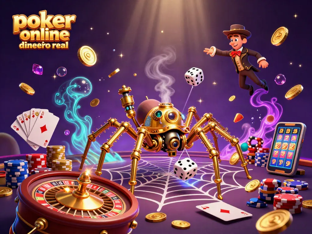 Póker online España dinero real en una ilustración 3D rica en detalles, donde una araña de oro captura dados desafortunados.