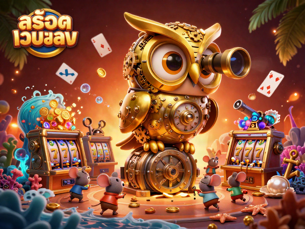 Engage in the vibrant world of สล็อตเว็บตรง with this captivating casino scene featuring an owl and whimsical mice.
