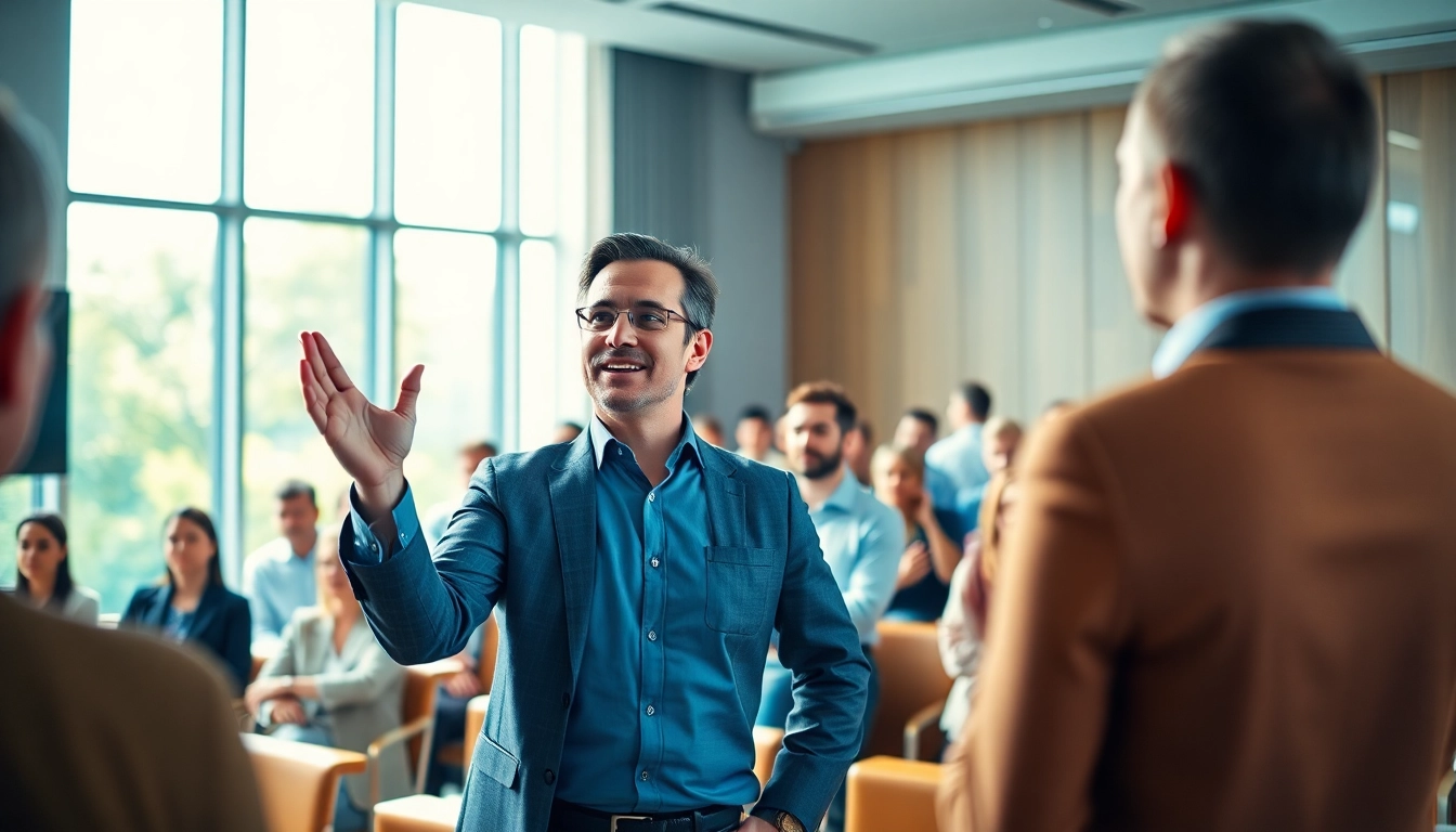 Engaged audience attending Presentation Skills Training led by a professional trainer in a bright, modern setting.