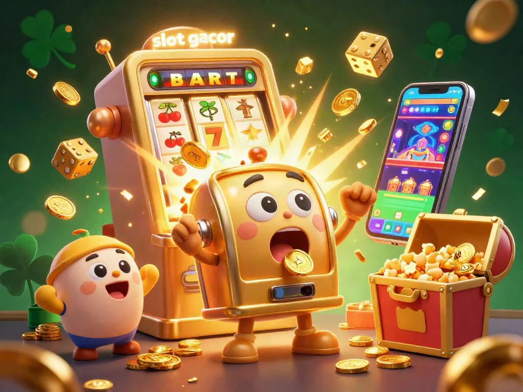 Experience the excitement of slot gacor with a lively 3D scene featuring golden slot machines celebrating a jackpot.