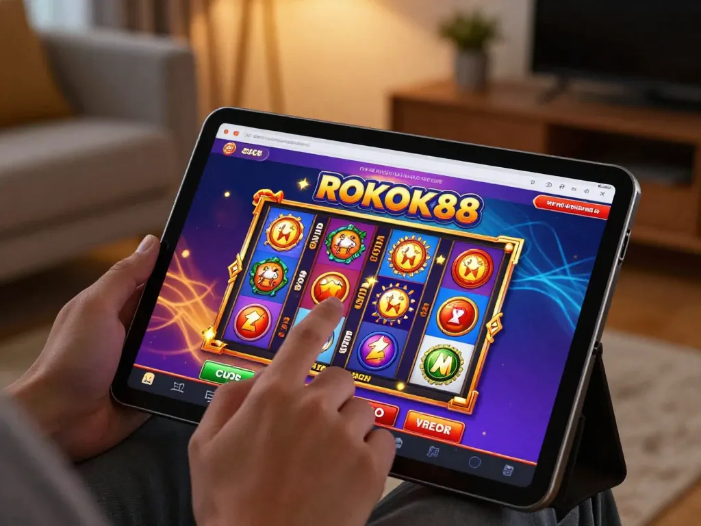 Engaging user on ROKOK88 slot games in a cozy living room environment, highlighting mobile gameplay experience.