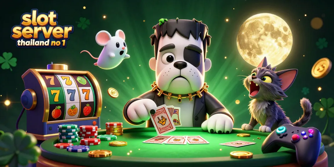 Engage in fun with slot server thailand no 1 featuring a 3D Frankenstein dog dealing cards surrounded by colorful slot elements.