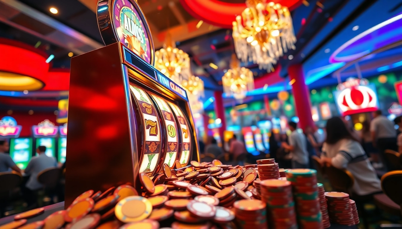 Slot gacor berkilau dengan koin berhamburan di kasino yang ramai dan penuh warna.