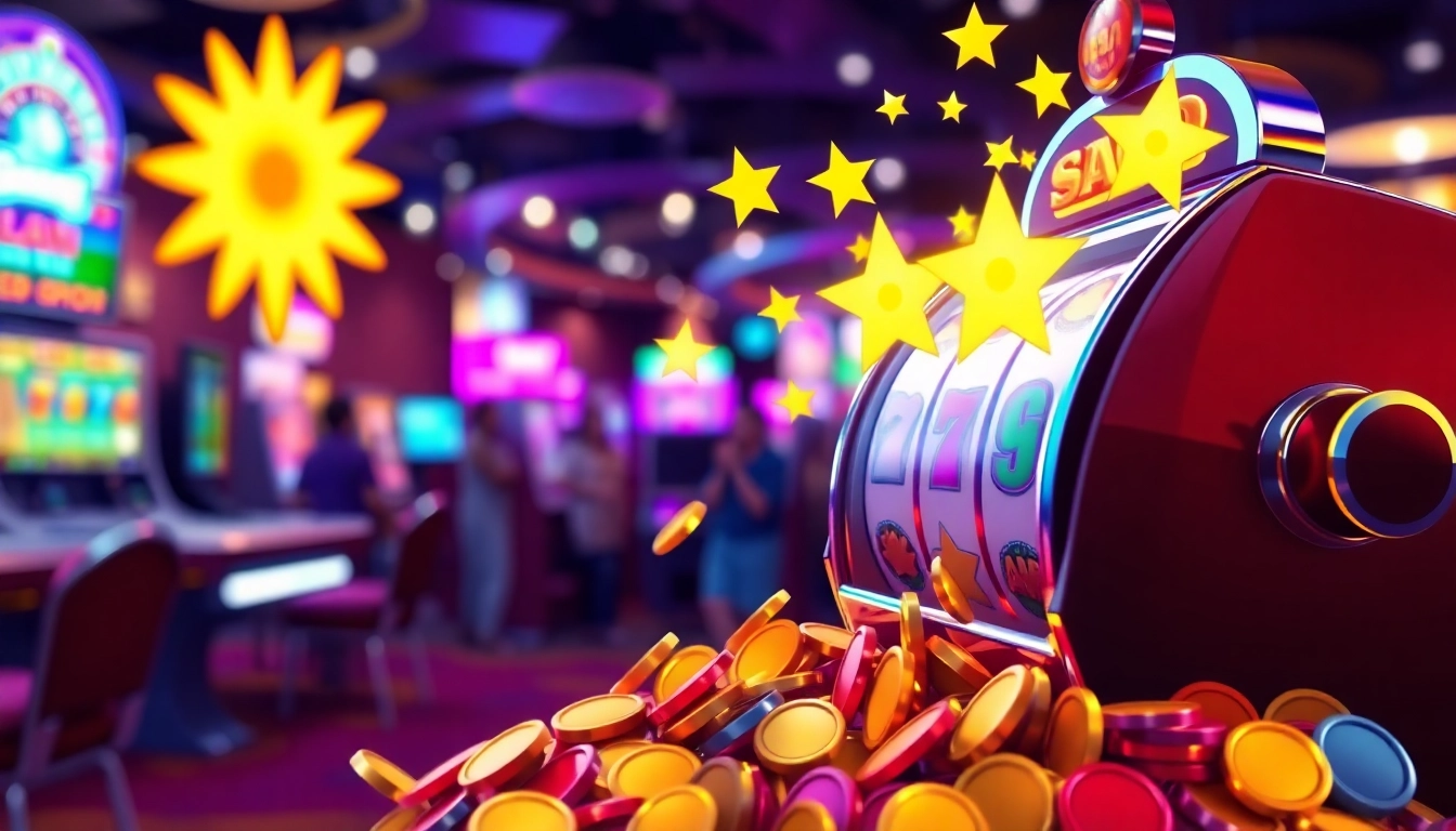Experience the excitement of free spins bonuses with a lively slot machine overflowing with coins.