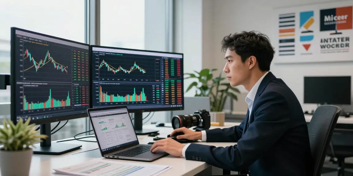 Professional analyzing stock market indices live on multiple screens in a modern office.