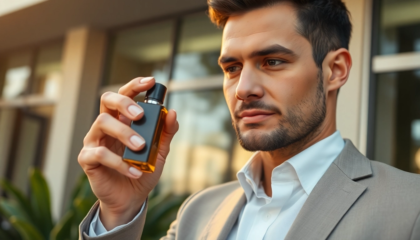 Should men wear cologne? A professional man confidently applying cologne in a stylish urban setting.