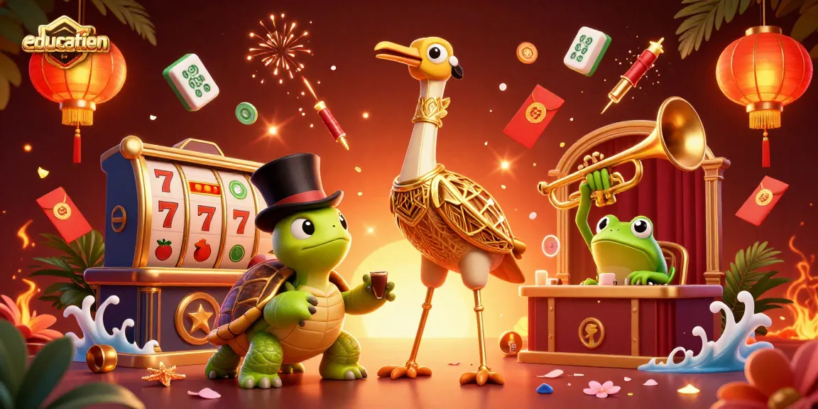 Experience education and rich casino visuals featuring a 3D crane and lively characters with slot reels.
