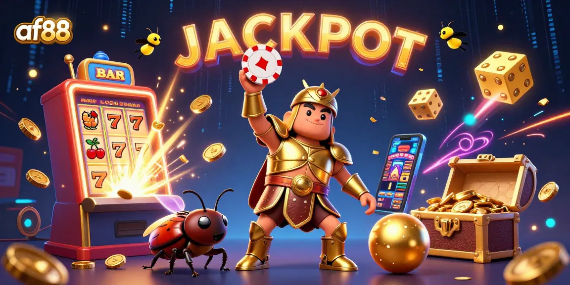 Spin for big wins at af88 - vibrant 3D scene with hercules beetle, slot machine, and jackpot elements.