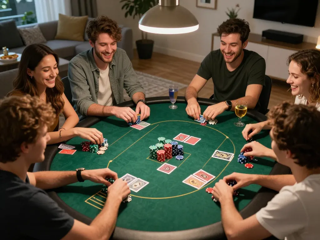 Exciting home poker game night featuring friends enjoying online casinos in Canada reddit with vibrant cards and chips