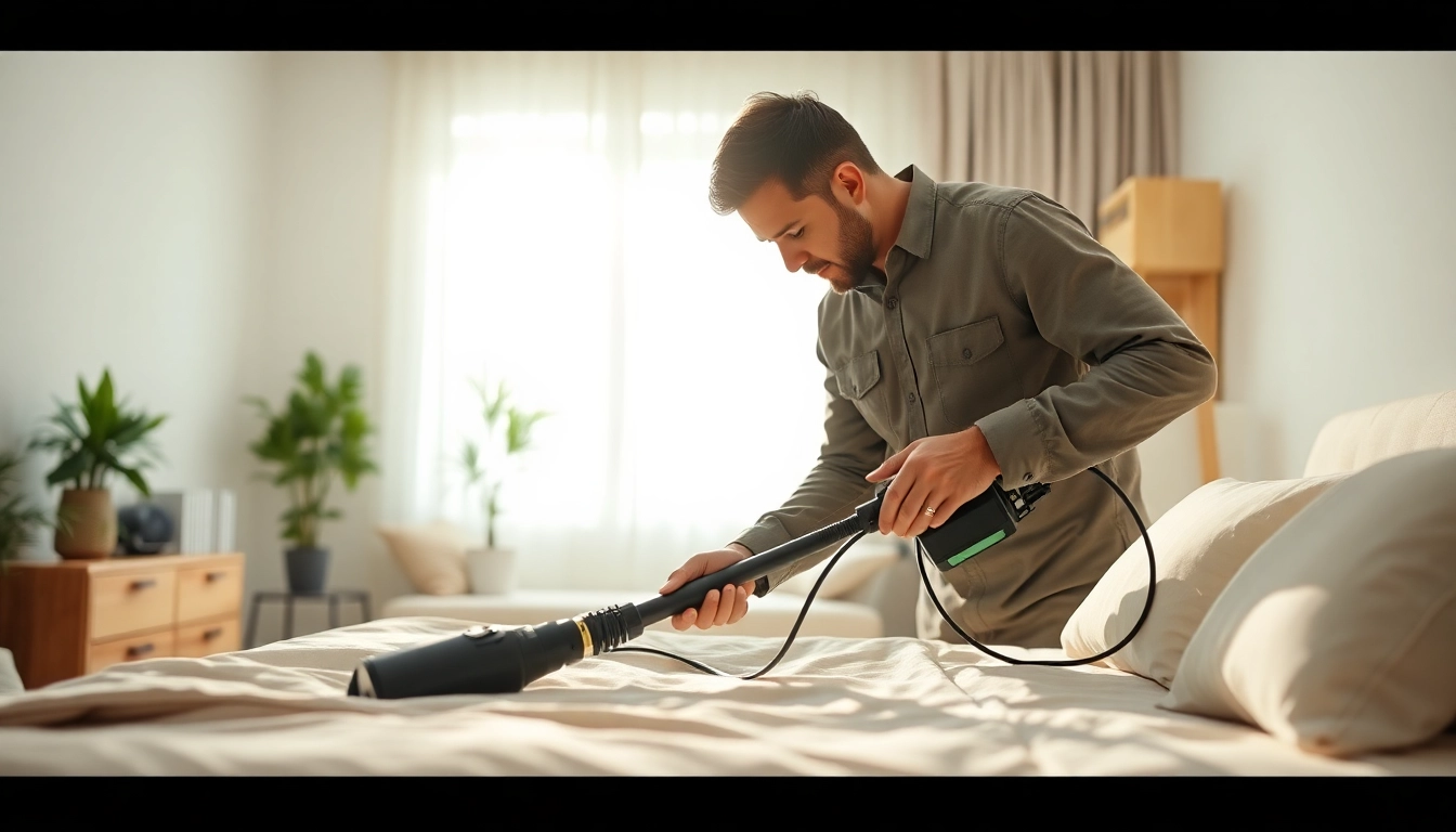 Expert bed bug exterminator inspecting a mattress in a clean home environment, ensuring thorough pest control.